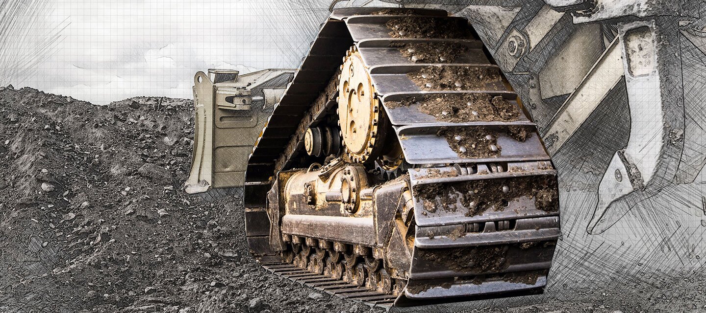Close-up of tracks on heavy machinery