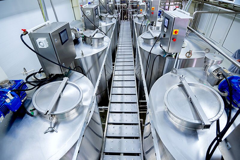 Vats inside a food manufacturing plant
