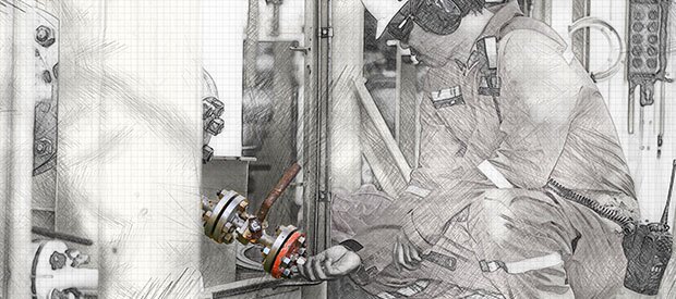 Oil & gas parts being inspected by a worker