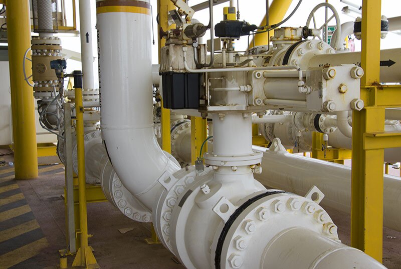 Large metal pipework on oil & gas platform