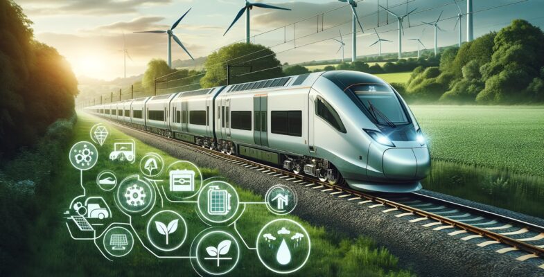 Train going through countryside - sustainability symbols to the side